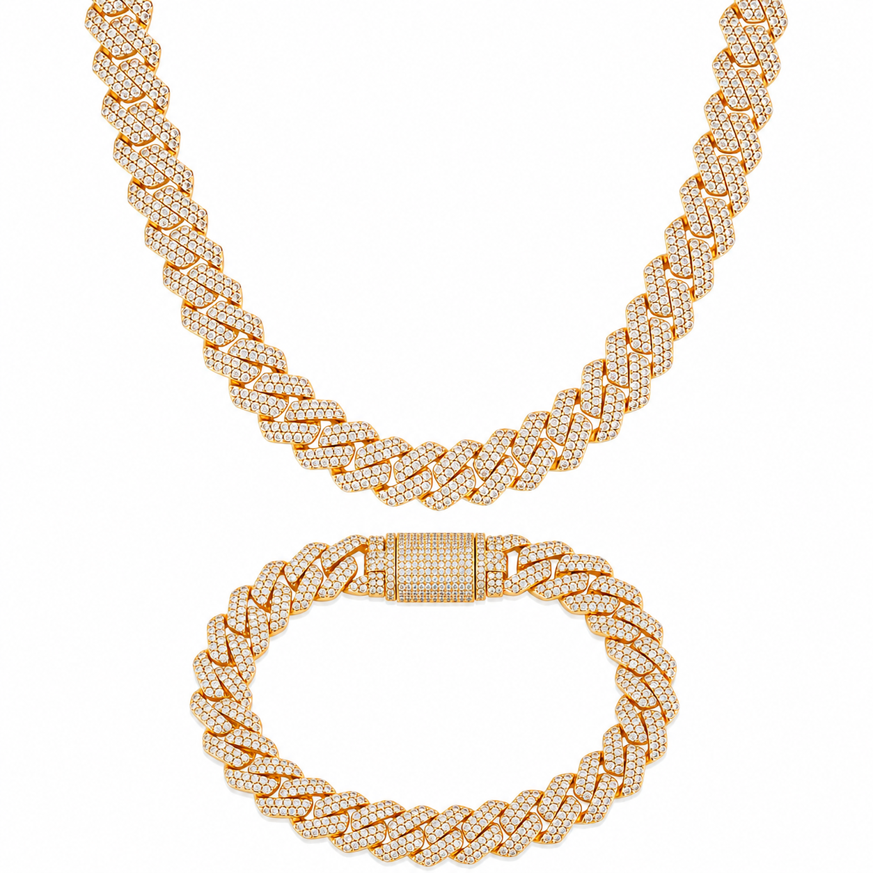 Oferta #84 – Set Cubana Cuadrada Full Iced 10mm (Cadena + Pulsera)