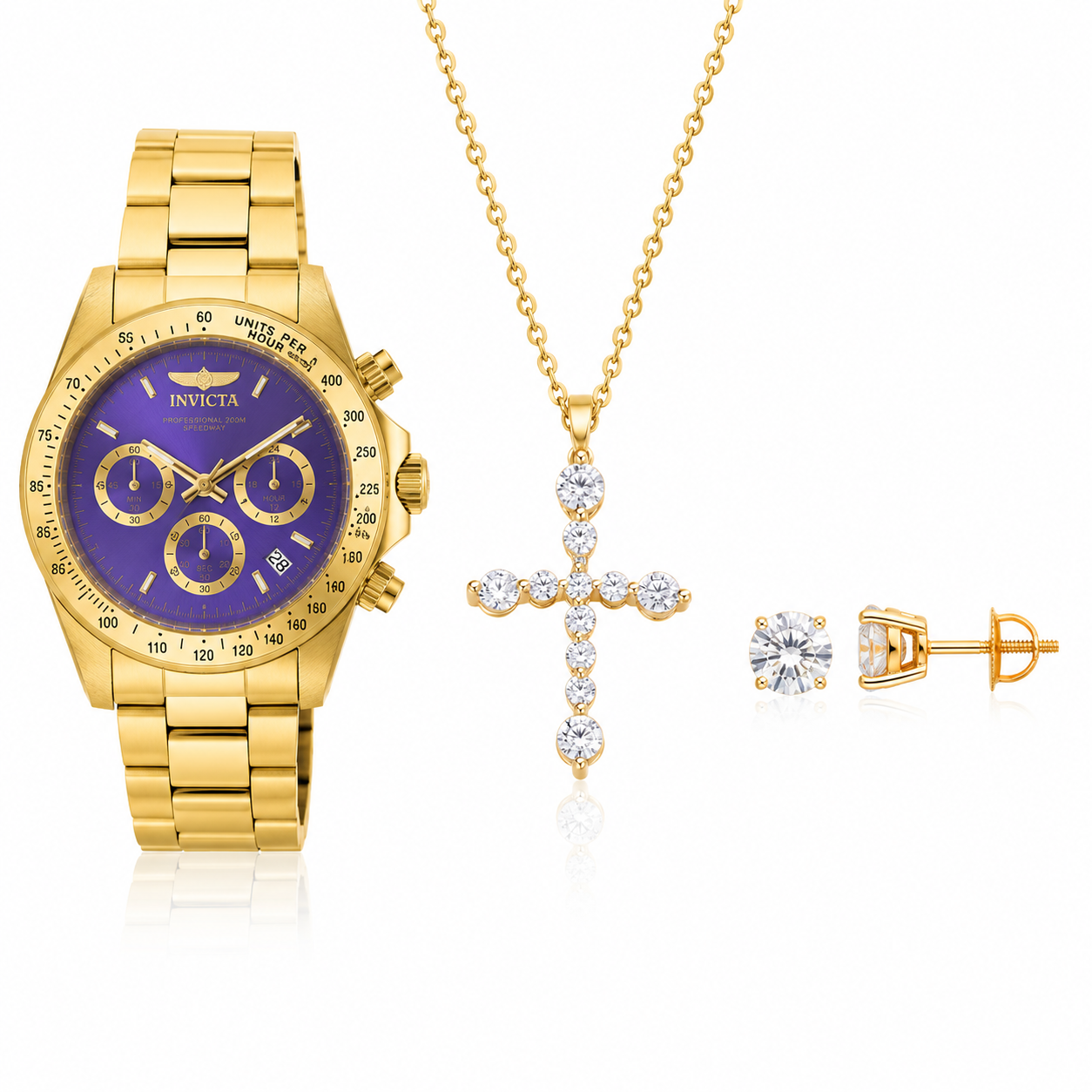 Especial #25: Invicta 40mm Speedway Dorado/Violeta + Cadena Moissanite + Pantallas Moissanite