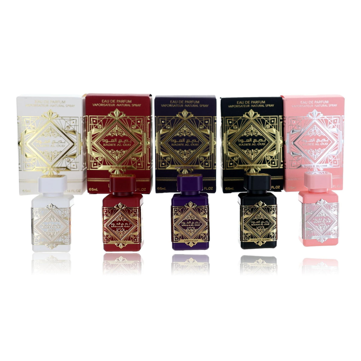 Elite Jewelry | Gift set Lattafa Bade’e Al Oud Collection: Sublime, Amethyst, Oud for Glory, Noble Blush y Honor & Glory, cinco mini perfumes con sus cajas.