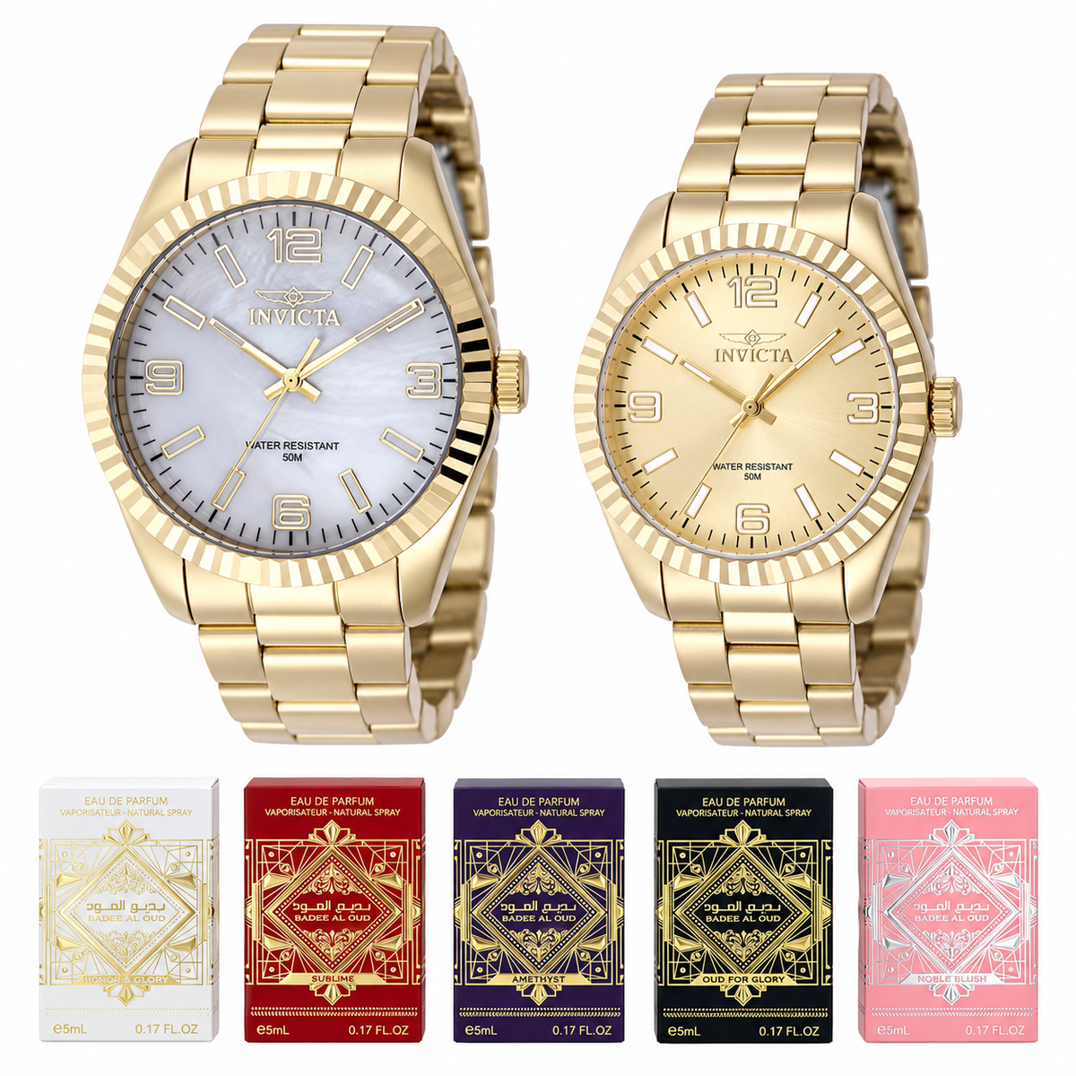 Elite Jewelry | Set de Pareja Invicta Dorado + Gift Set Lattafa — imagen de presentación