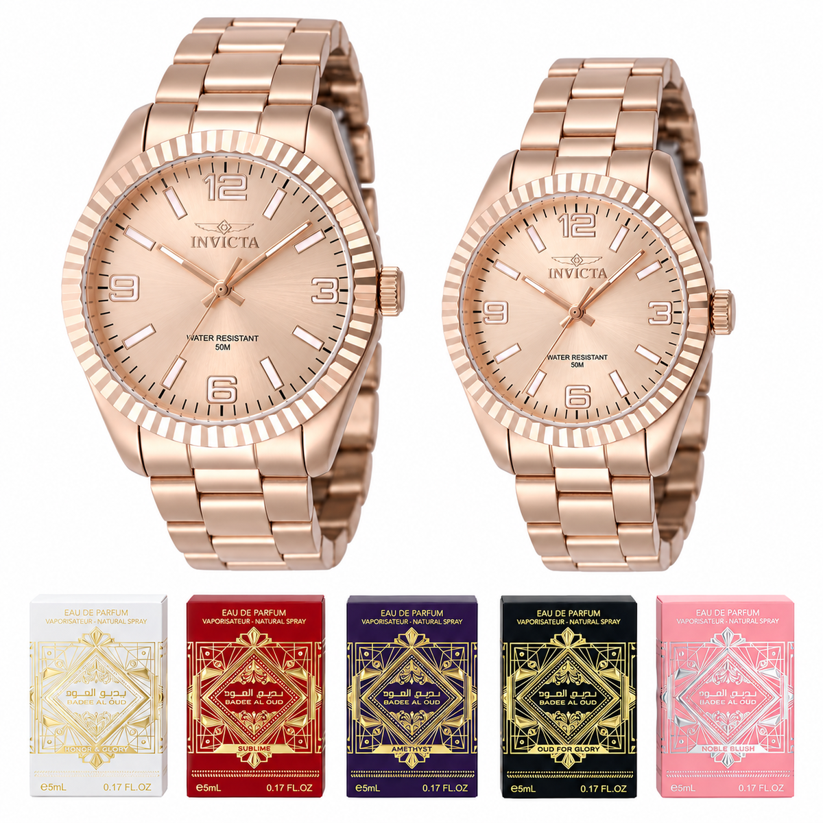 Elite Jewelry | Set de pareja Invicta 47462 y 47477 en oro rosado con esferas rosadas y cinco cajas de mini perfumes Lattafa, separados sobre fondo blanco.