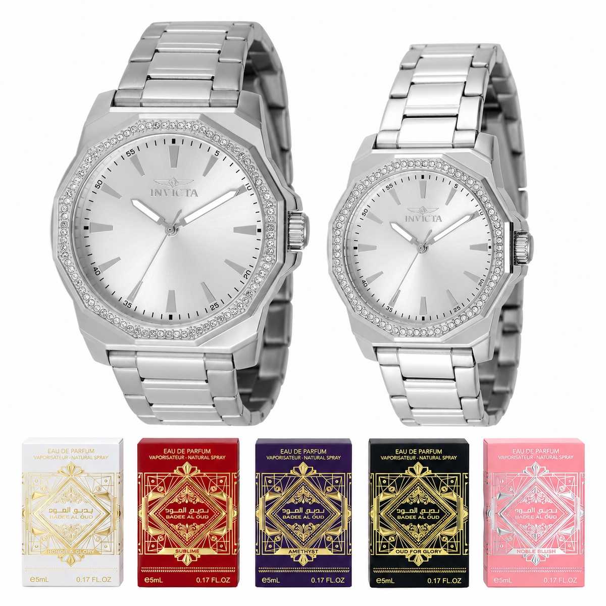 Elite Jewelry | Set de pareja con Invicta Speedway 49104 plateado de 42 mm y 49110 plateado de 34 mm, junto a cinco cajas de mini perfumes Lattafa Bade’e Al Oud sobre fondo blanco.