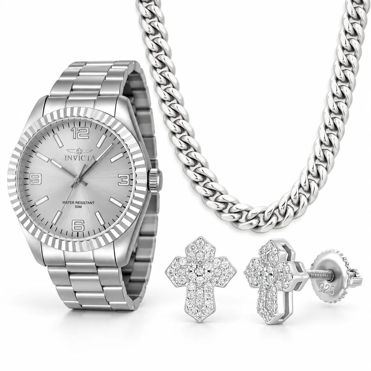 Oferta #111P - Pantallas Cruz Clásica 100% Moissanit + Cubana 8mm Plata +Reloj Invicta Specialty 43.00mm - Stainless Steel