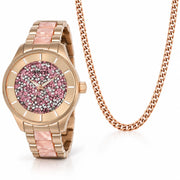 Cadena cubana de 4 mm en Plata 925 con acabado oro rosa y reloj Invicta Angel de 40 mm en tono oro rosa.
