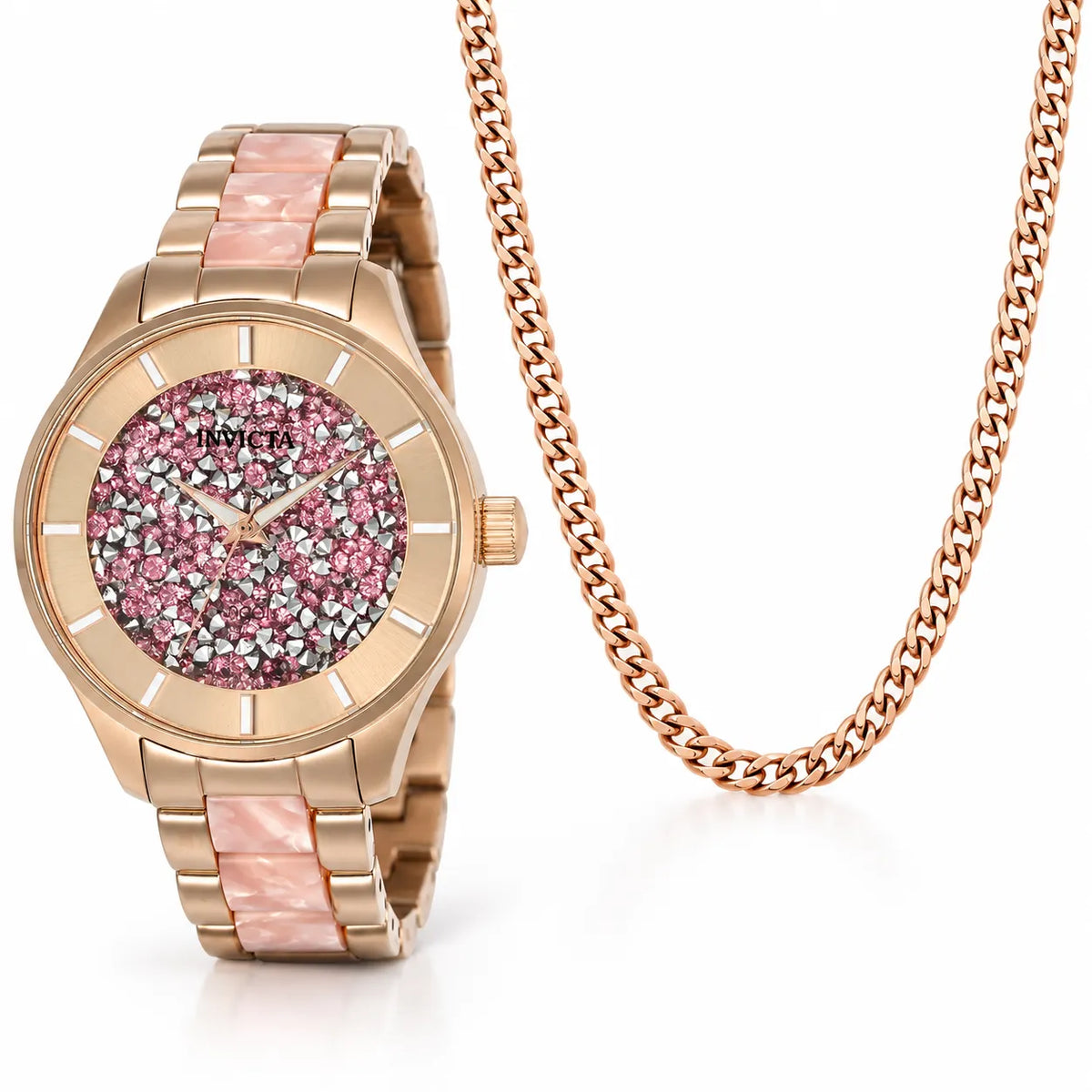 Cadena cubana de 4 mm en Plata 925 con acabado oro rosa y reloj Invicta Angel de 40 mm en tono oro rosa.