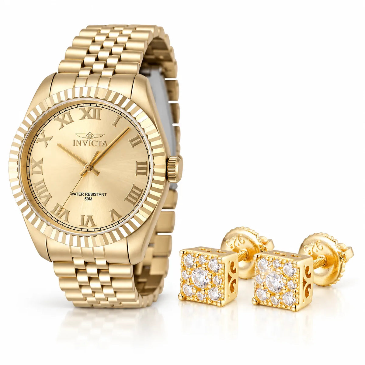 Oferta #143 - Invicta Specialty 43mm · Dorado + Pantallas Cuadradas Halo · 100% Moissanite · Dorado