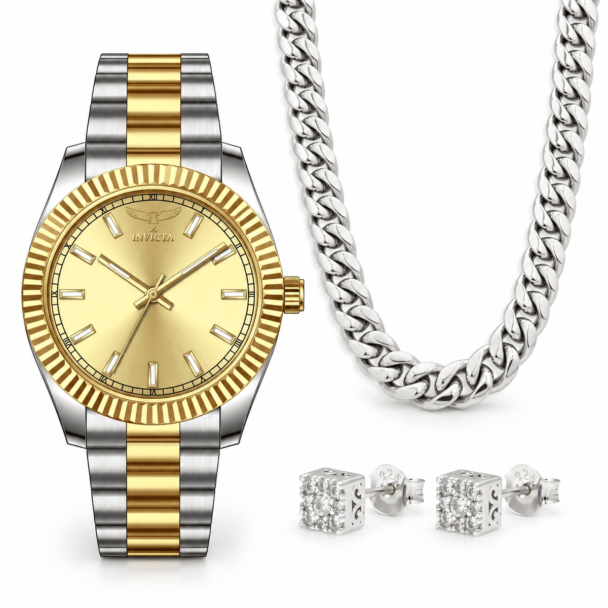 Oferta #145 - Invicta Specialty I by Invicta 40mm · Acero y dorado + Pantallas Cuadradas Halo · 100% Moissanite · Plata + Cubana 10mm Plata