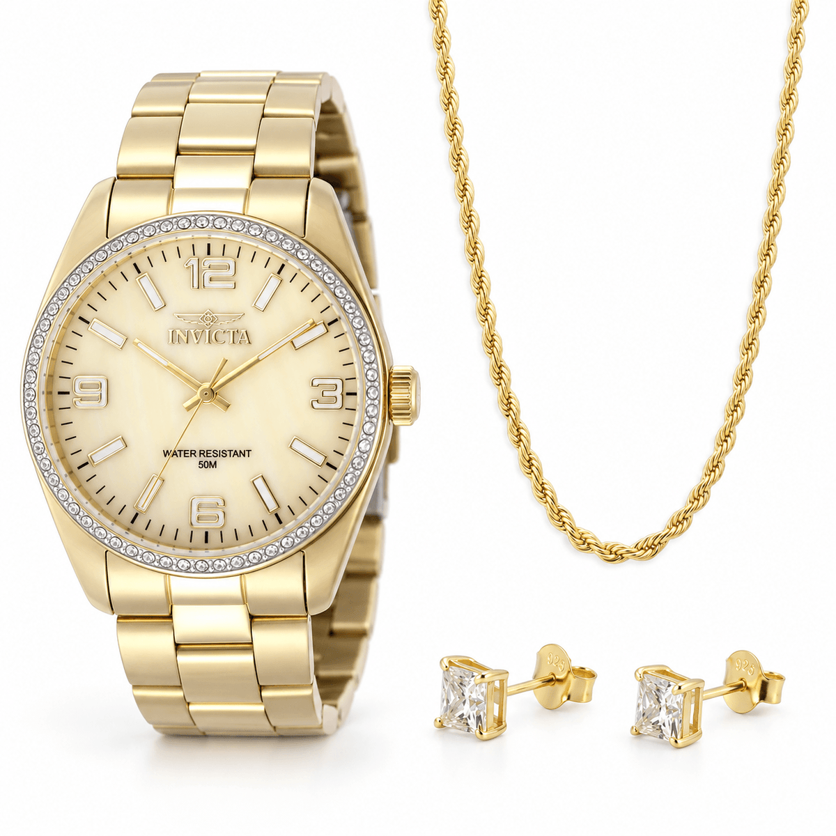 Oferta #147 - Invicta Specialty 38mm · Dorado · Mother of Pearl + Dormilonas Cuadradas · 100% Moissanite · Dorado + Soga 3mm Dorada
