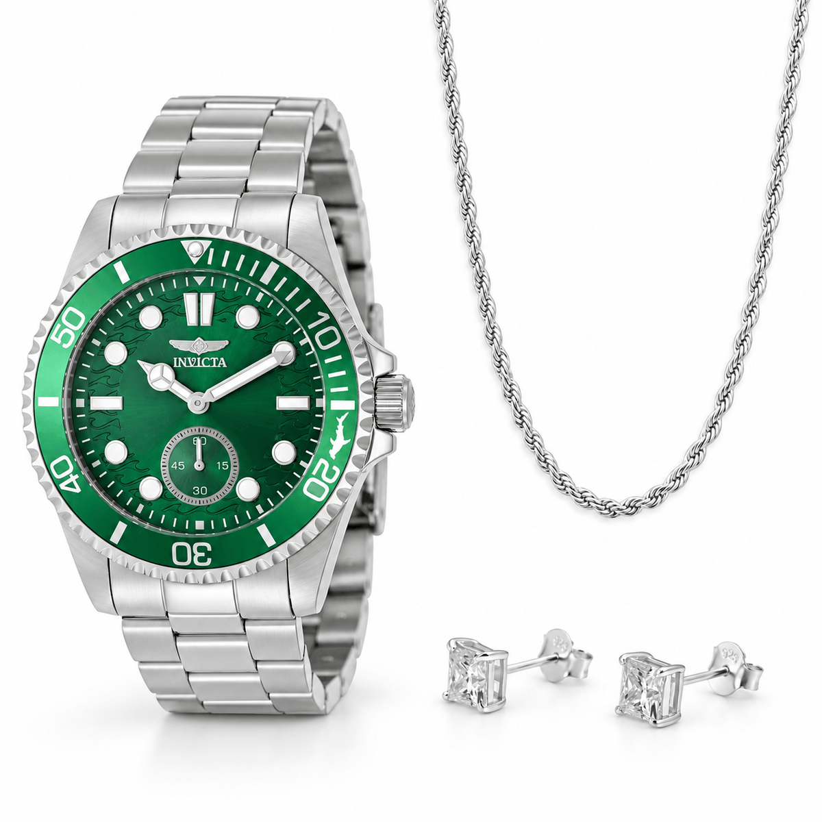 Oferta #148 - Invicta Pro Diver 43mm · Acero inoxidable + Dormilonas Cuadradas · 100% Moissanite · Plata + Soga 3mm Plata