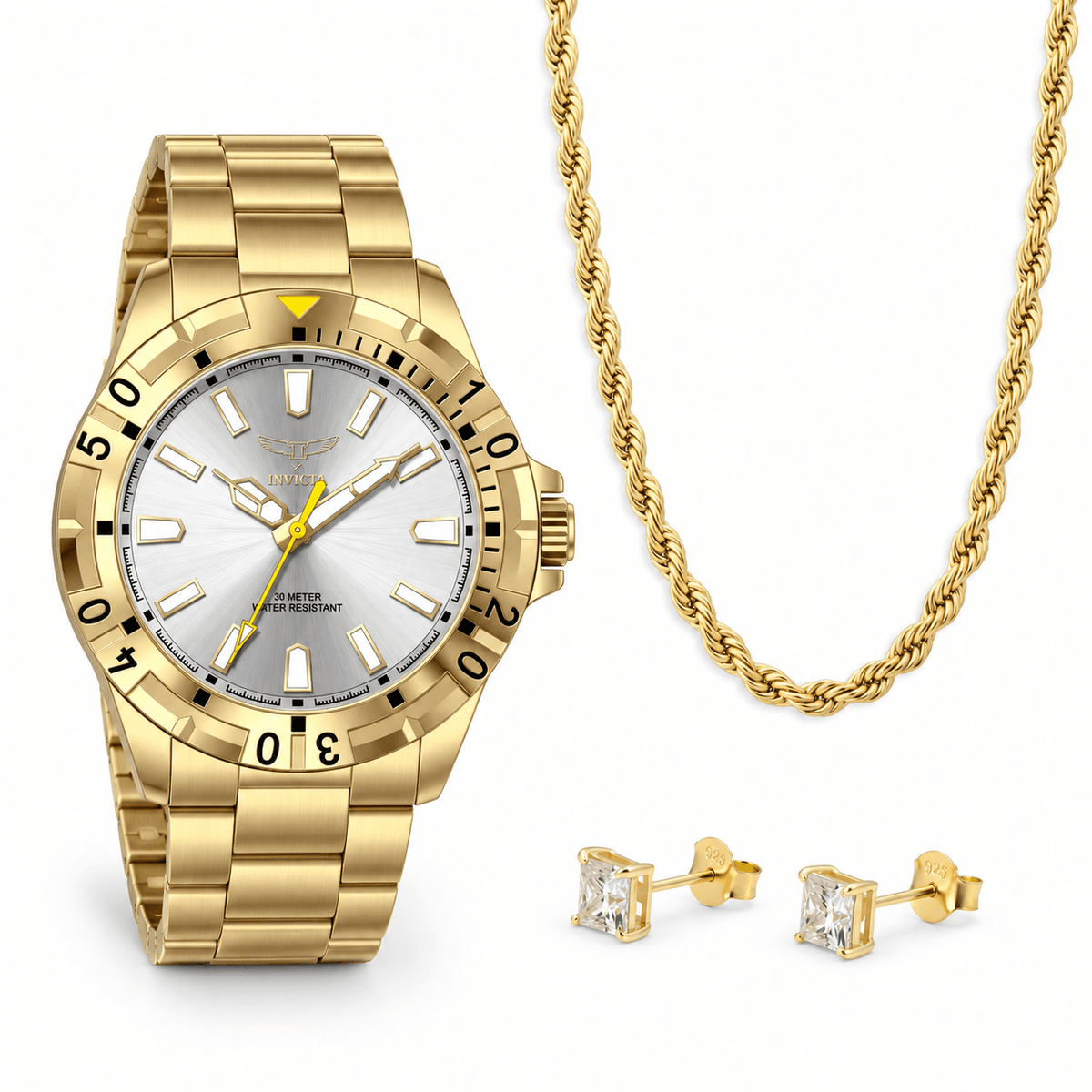 Oferta #149 - Invicta Specialty I by Invicta 42mm · Dorado + Dormilonas Cuadradas · 100% Moissanite · Dorado + Soga 5mm Dorada