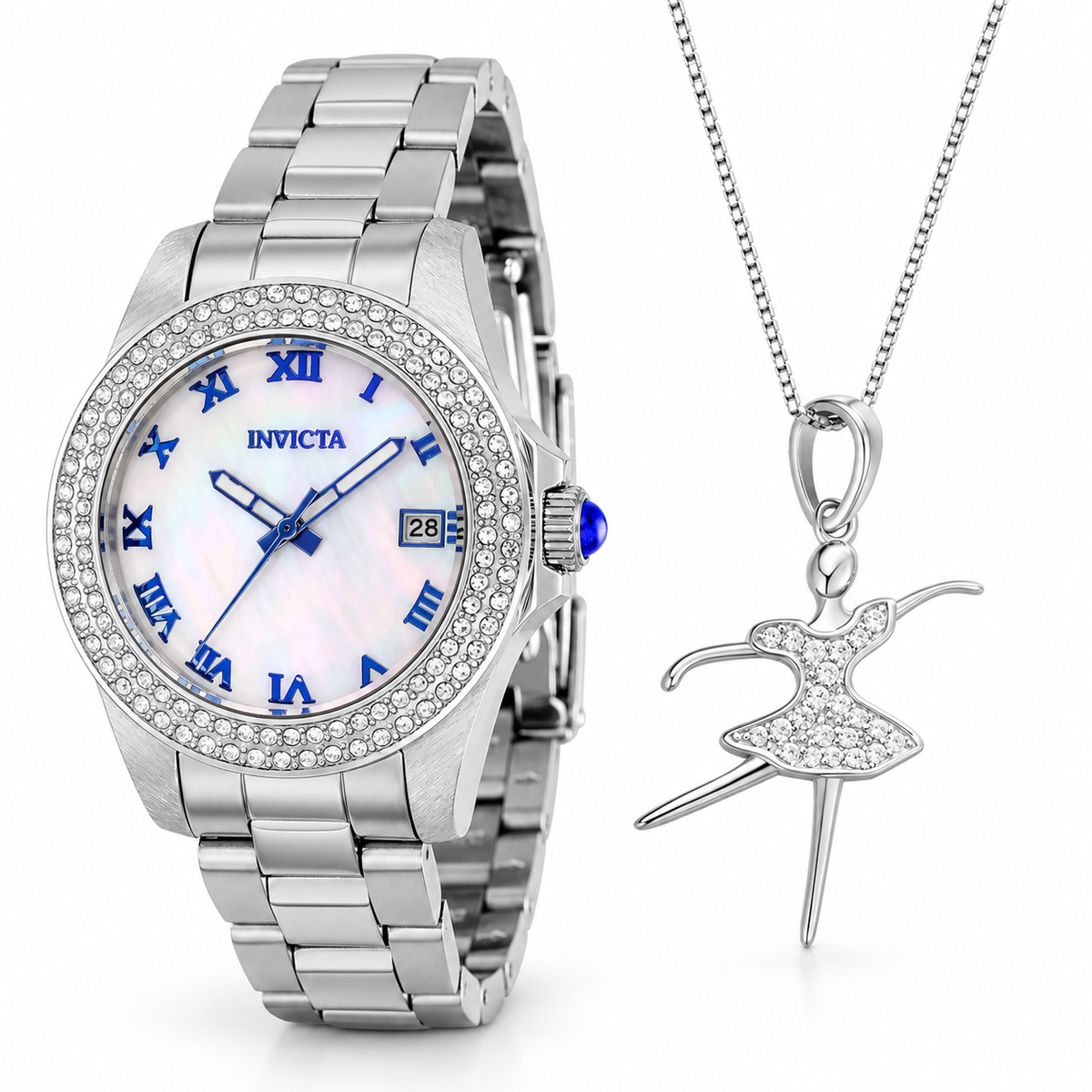 Oferta #152 - Invicta Angel 34mm - Acero inoxidable + Pendant Bailarina 100% Moissanite + Cadena Gratis - Plata