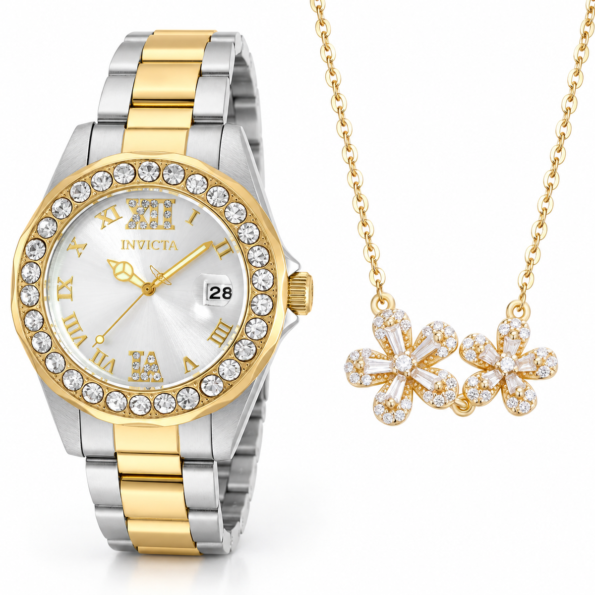 Oferta #153 - Invicta Pro Diver 38mm para mujer - Acero y dorado + Pendant Dúo de Flores 100% Moissanite + Cadena Gratis - Dorado