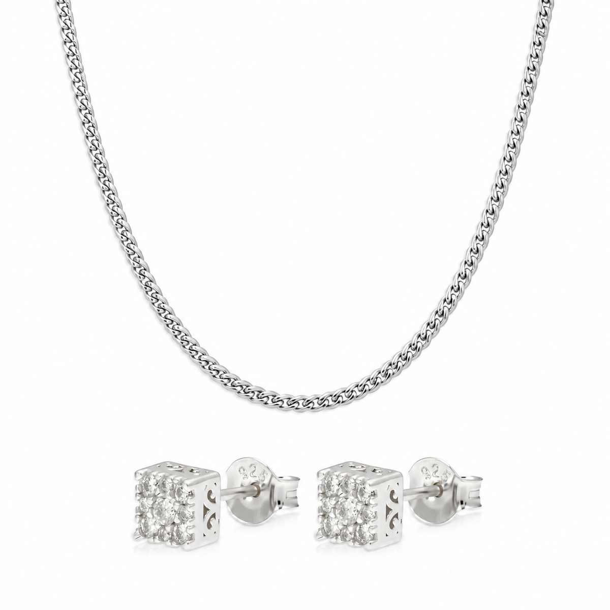 Oferta #155 - Cubana 3mm Plata + Pantallas Cuadradas Halo - 100% Moissanite Plata
