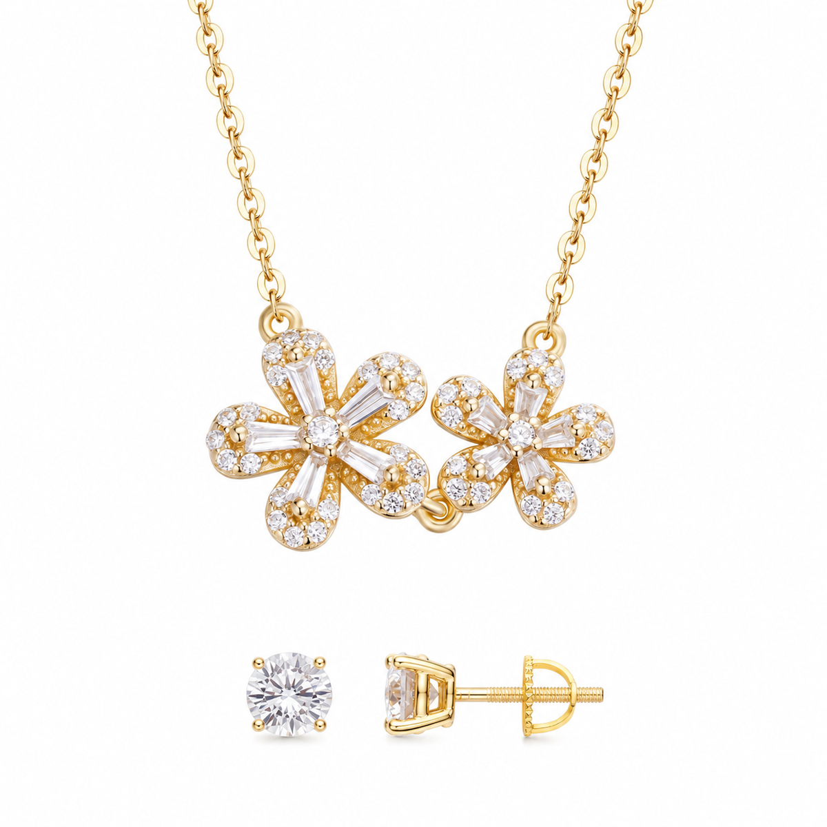 Oferta #157 - Cadena con Pendant Dúo de Flores 100% Moissanite - Dorado + Pantallas Dormilonas 4mm - 100% Moissanite Dorado