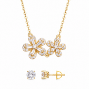 Oferta #157 - Cadena con Pendant Dúo de Flores 100% Moissanite - Dorado + Pantallas Dormilonas 4mm - 100% Moissanite Dorado