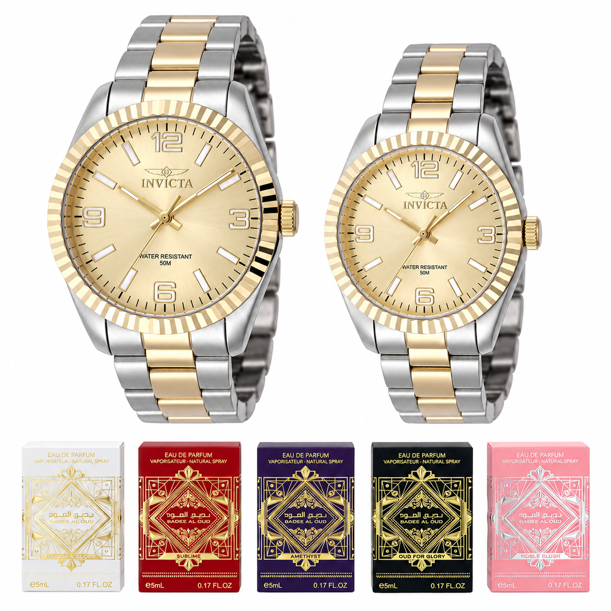 Set de pareja Invicta 47457 y 47472 bicolor dorado y plateado con esferas doradas, junto a cinco cajas de mini perfumes Lattafa sobre fondo blanco.