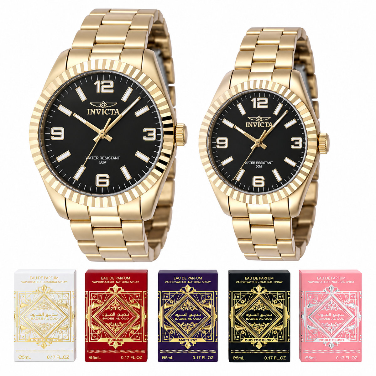 Pareja Invicta 47458 y 47473 con relojes dorados de esferas negras y gift set Lattafa representado por cinco cajas de mini perfumes, separados sobre fondo blanco.
