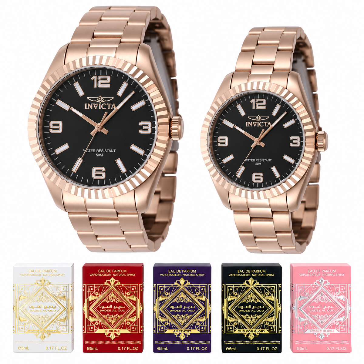 Relojes de pareja Invicta 47461 y 47476 en oro rosado con esferas negras y cinco cajas de mini perfumes Lattafa, separados sobre fondo blanco.