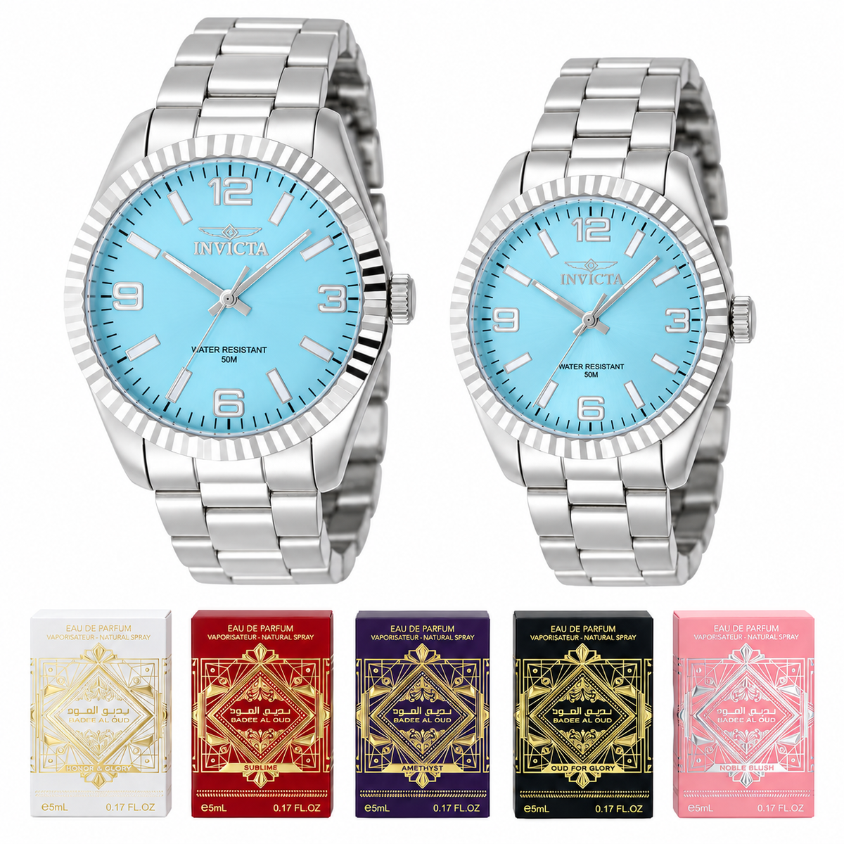 Pareja Invicta 48904 y 48905 con relojes plateados de esferas azul claro y cinco cajas de mini perfumes Lattafa, separados sobre fondo blanco.