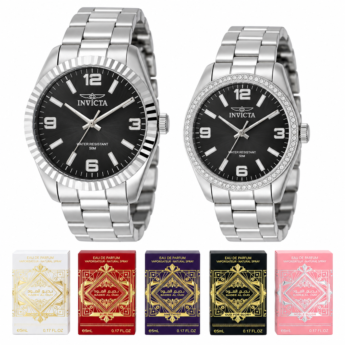 Pareja de relojes Invicta 50129 y 50134 plateados con esferas negras; reloj de dama con bisel de cristales y cinco cajas de perfumes Lattafa sobre fondo blanco.