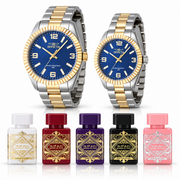 Set de pareja Invicta 47456 y 47471 con cinco perfumes Lattafa sobre fondo blanco