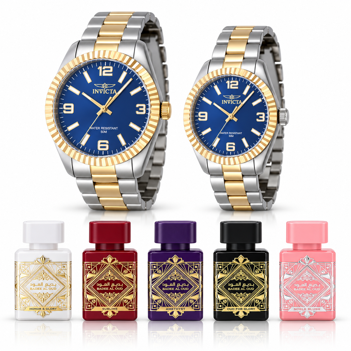 Set de pareja Invicta 47456 y 47471 con cinco perfumes Lattafa sobre fondo blanco