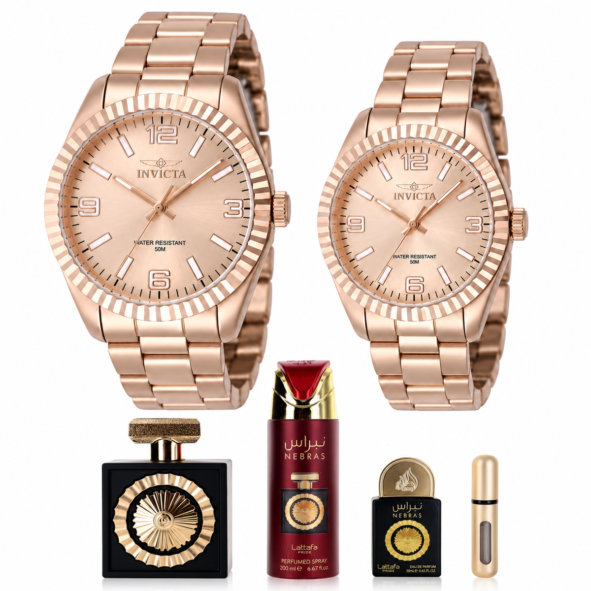 Set de Pareja Invicta Oro Rosado + Nebras Lattafa 3 piezas