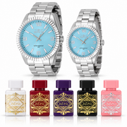 Set de pareja Invicta Plata y Baby Blue con cinco perfumes Lattafa sobre fondo blanco