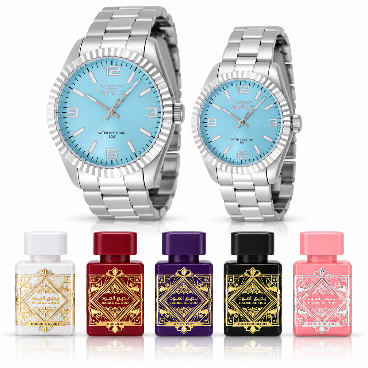Set de pareja Invicta Plata y Baby Blue con cinco perfumes Lattafa sobre fondo blanco