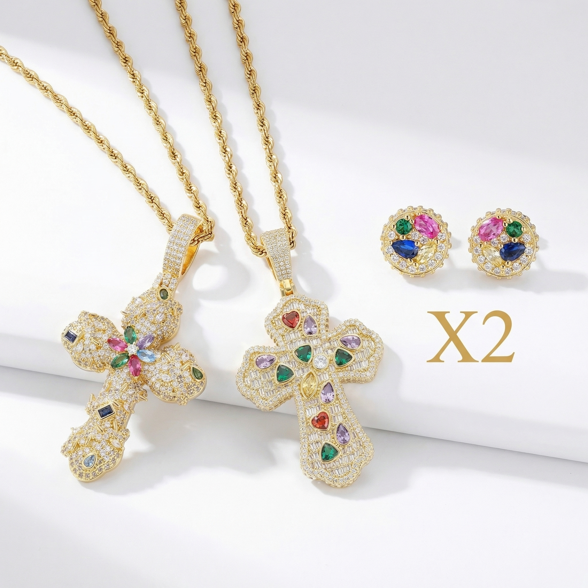 Oferta Semana Santa: Pendant Cruz Multicolor + Pendant Cruz Floral + (2) Soga 3mm + (2) Pantallas Corona Real