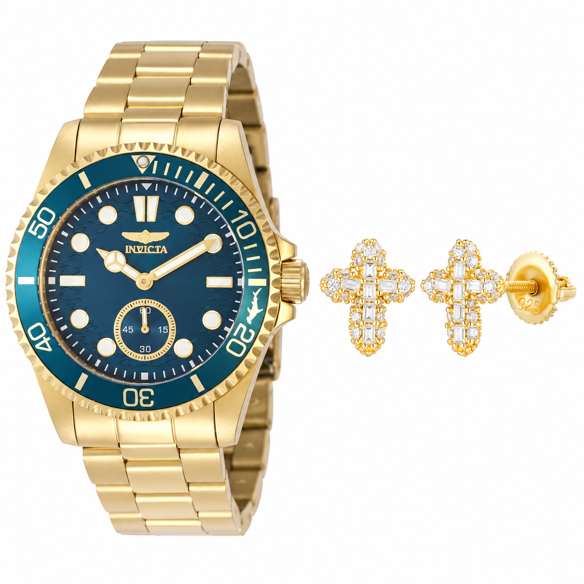 Set de hombre Invicta 49427 dorado y pantallas Cruz Delgada doradas