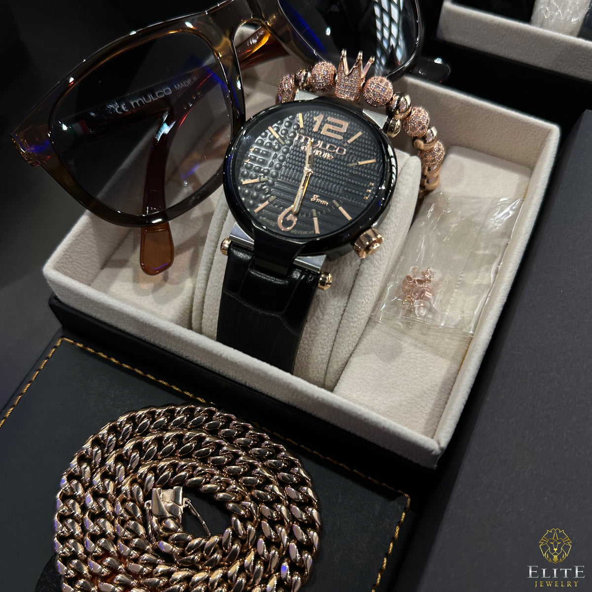Mulco Couture Negro 46mm + Set de Cubana 8mm y Pantallas Moissanite